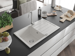 Mexen Bruno fregadero de granito de 1 compartimento con escurridor 795 x 495 mm, blanco, sifón cromado - 6513791010-20