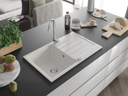 Mexen Bruno granite sink 1-bowl with drainer 795 x 495 mm, white, chrome siphon - 6513791010-20