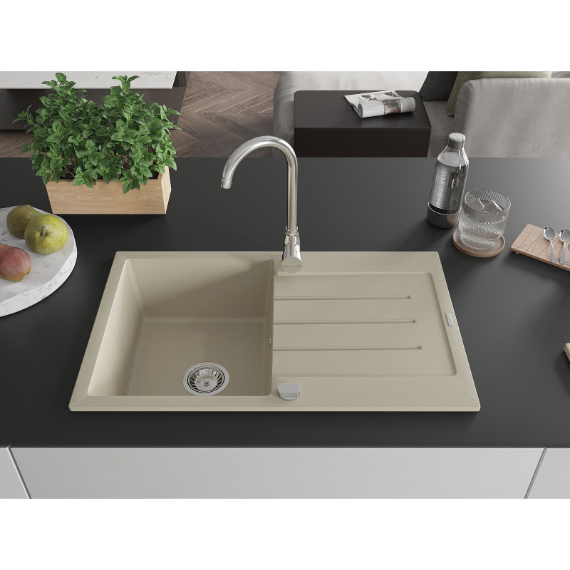 Mexen Bruno fregadero de granito de 1 seno con escurridor 795 x 495 mm, beige, sifón cromado - 6513791010-69
