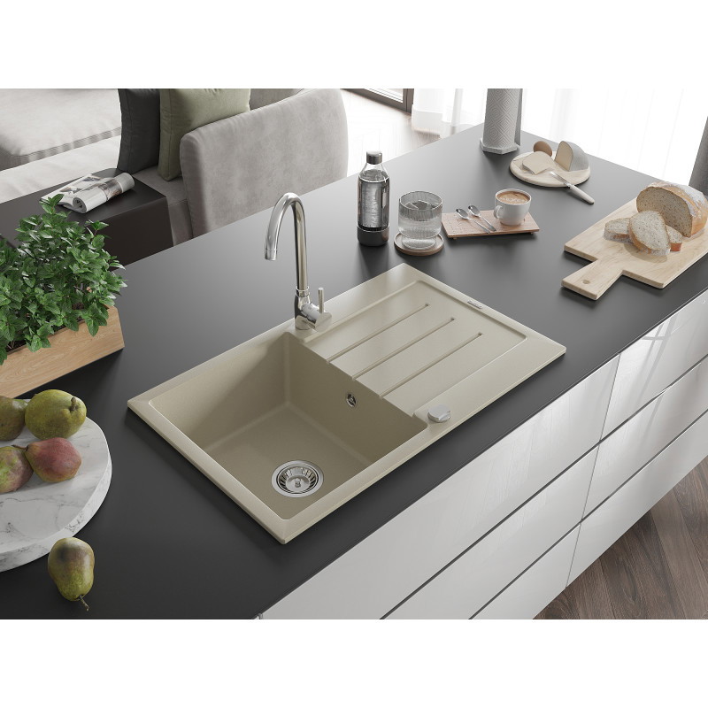 Mexen Bruno Granitspüle 1-fach mit Abtropffläche 795 x 495 mm, beige, Chrom-Siphon - 6513791010-69