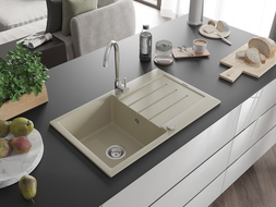 Mexen Bruno granitabwaschbecken 1-kummer mat Oflauscht, 795 x 495 mm, béi, chrom Siphon - 6513791010-69