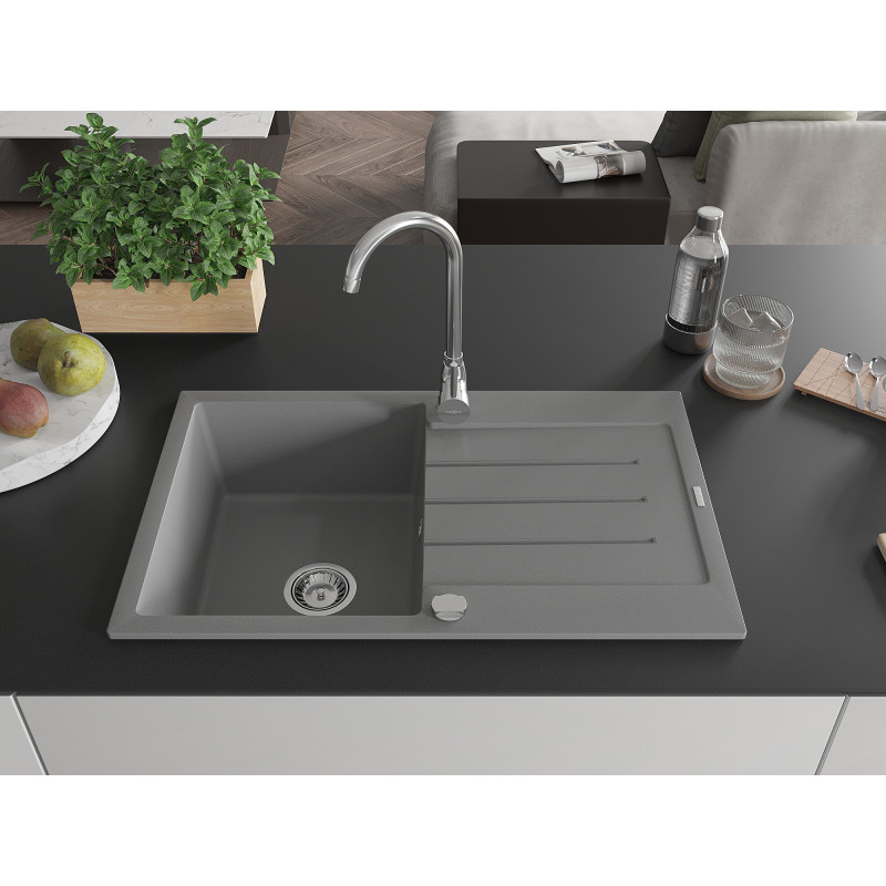 Mexen Bruno évier en granit à 1 bac avec égouttoir 795 x 495 mm, gris, siphon chromé - 6513791010-71