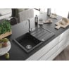 Mexen Bruno évier en granit 1 cuve avec égouttoir 795 x 495 mm, noir moucheté, siphon chromé - 6513791010-76