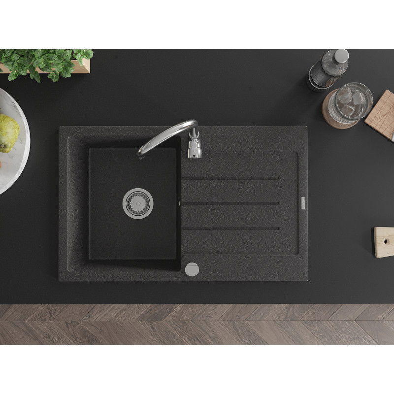 Mexen Bruno lavello in granito a una vasca con gocciolatoio 795 x 495 mm, nero punteggiato, sifone cromato - 6513791010-76