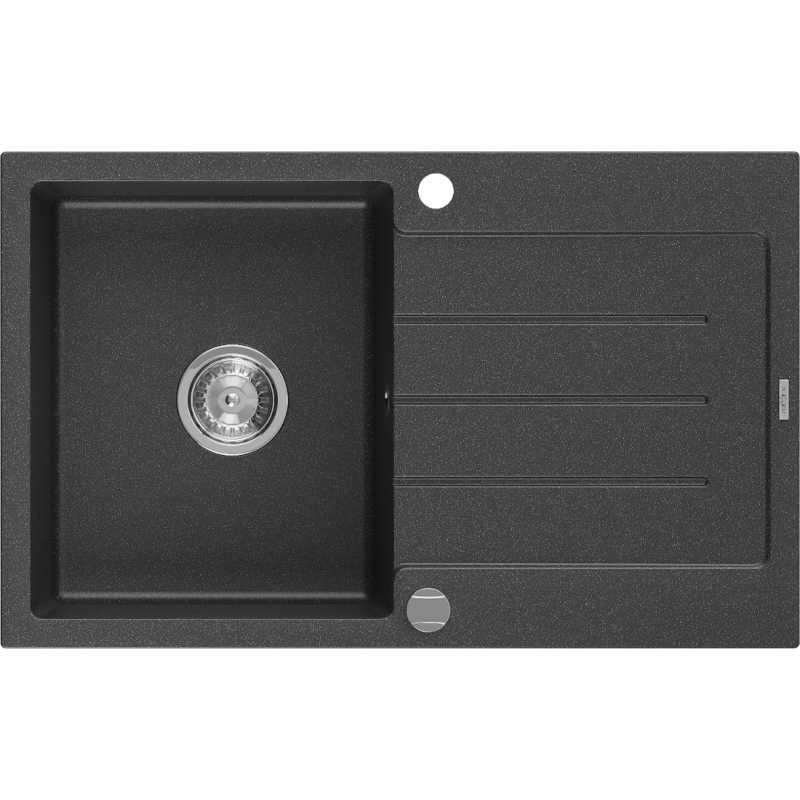 Mexen Bruno Granitspüle 1-becken mit Abtropffläche 795 x 495 mm, schwarz gesprenkelt, Siphon Chrom - 6513791010-76
