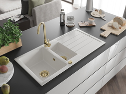 Mexen Andres fregadero de granito de 1,5 senos con escurridor 1000 x 500 mm, blanco, sifón dorado - 6515101510-20-G