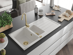 Mexen Andres lavello in granito 1,5 vasche con scolapiatti 1000 x 500 mm, bianco, sifone dorato - 6515101510-20-G