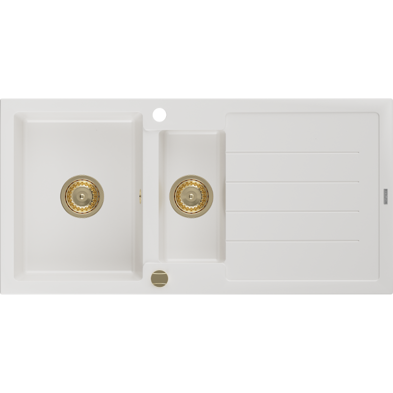 Mexen Andres fregadero de granito de 1,5 senos con escurridor 1000 x 500 mm, blanco, sifón dorado - 6515101510-20-G