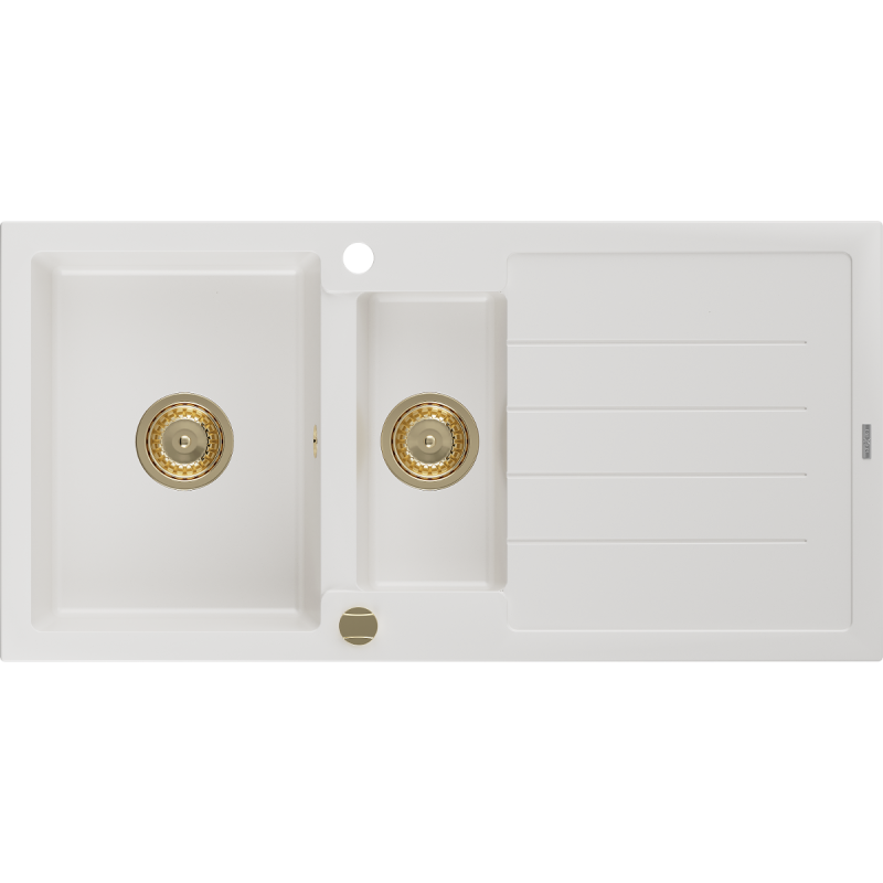 Mexen Andres granieten gootsteen 1,5-komoret met afdruiprek 1000 x 500 mm, wit, gouden sifon - 6515101510-20-G
