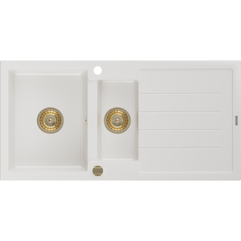 Mexen Andres lava-loiça de granito 1,5 cubas com escorredor 1000 x 500 mm, branco, sifão dourado - 6515101510-20-G