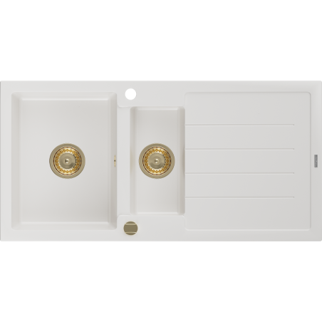Mexen Andres fregadero de granito de 1,5 senos con escurridor 1000 x 500 mm, blanco, sifón dorado - 6515101510-20-G