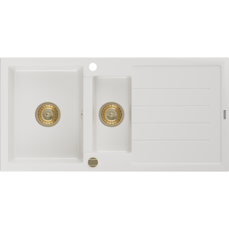 Mexen Andres lavello in granito 1,5 vasche con scolapiatti 1000 x 500 mm, bianco, sifone dorato - 6515101510-20-G