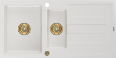 Mexen Andres granieten gootsteen 1,5-komoret met afdruiprek 1000 x 500 mm, wit, gouden sifon - 6515101510-20-G