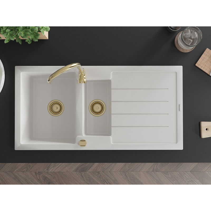 Mexen Andres granite sink 1.5-bowl with drainer 1000 x 500 mm, white, gold siphon - 6515101510-20-G