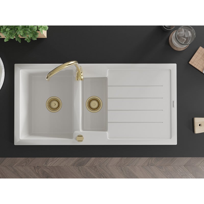 Mexen Andres lavello in granito 1,5 vasche con scolapiatti 1000 x 500 mm, bianco, sifone dorato - 6515101510-20-G