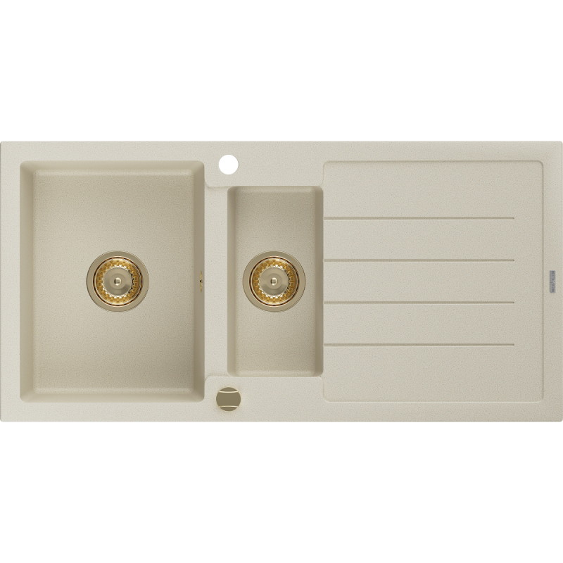 Mexen Andres fregadero de granito de 1,5 senos con escurridor 1000 x 500 mm, beige, sifón dorado - 6515101510-69-G