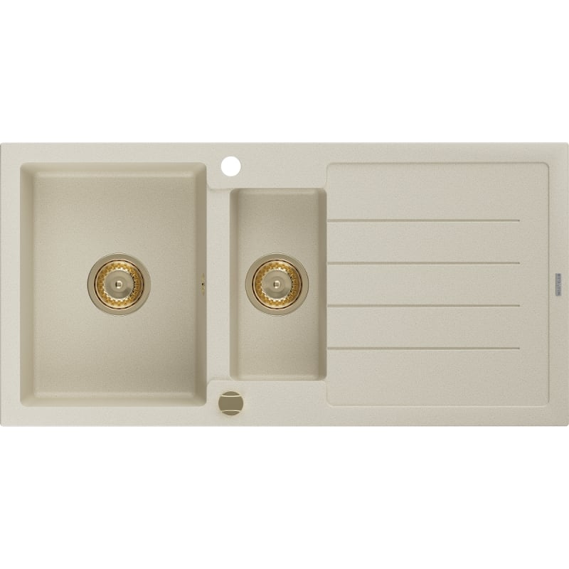 Mexen Andres granieten spoelbak 1,5-komorige met afdruiprek 1000 x 500 mm, beige, gouden sifon - 6515101510-69-G