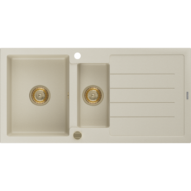 Mexen Andres granieten spoelbak 1,5-kompartiment met afdruiprek 1000 x 500 mm, beige, gouden sifon - 6515101510-69-G