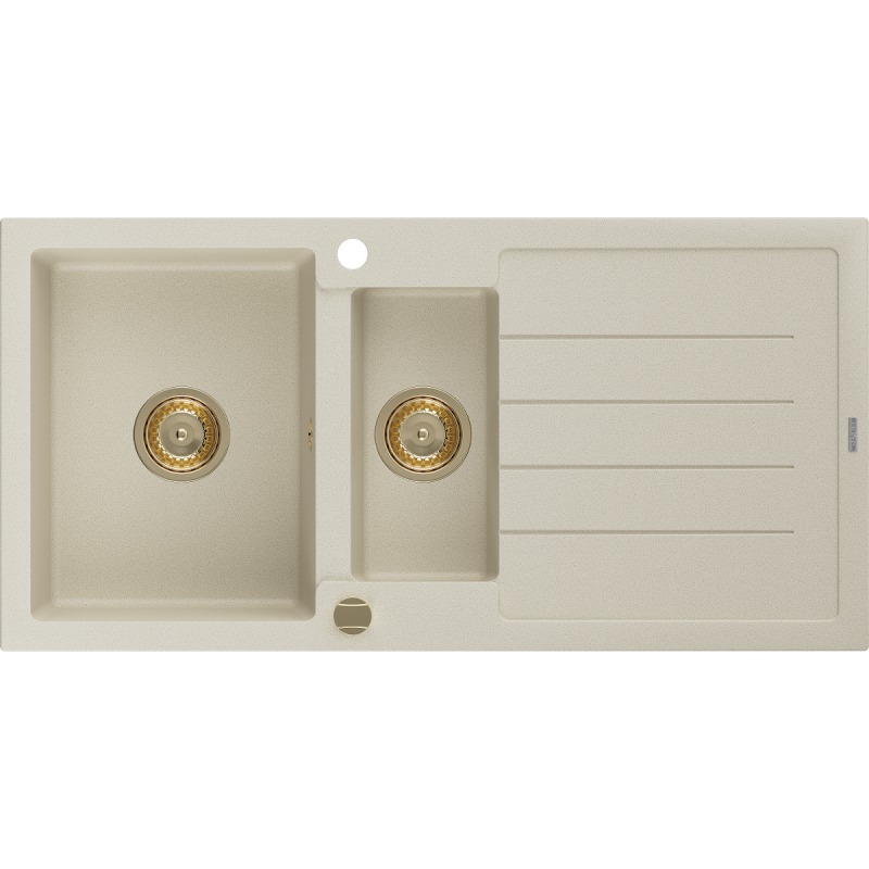 Mexen Andres Granitspüle 1,5-beckig mit Abtropffläche 1000 x 500 mm, beige, goldener Syphon - 6515101510-69-G