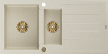 Mexen Andres Granitspüle 1,5-beckig mit Abtropffläche 1000 x 500 mm, beige, goldener Syphon - 6515101510-69-G