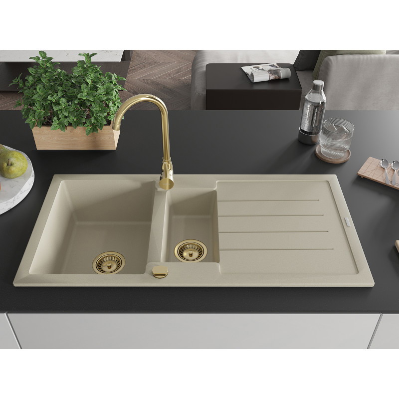 Mexen Andres fregadero de granito 1,5 cubetas con escurridor 1000 x 500 mm, beige, sifón dorado - 6515101510-69-G