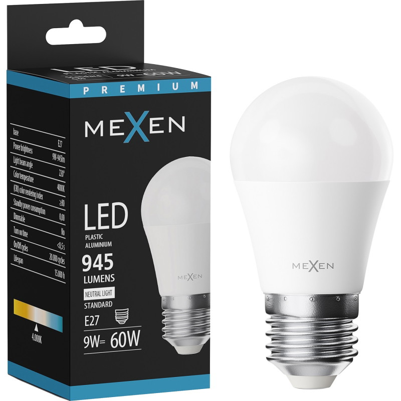Mexen Nova żarówka LED E27, G45, 9W, Neutralna - 4000K, 945 lm - L101-E27-0940-01