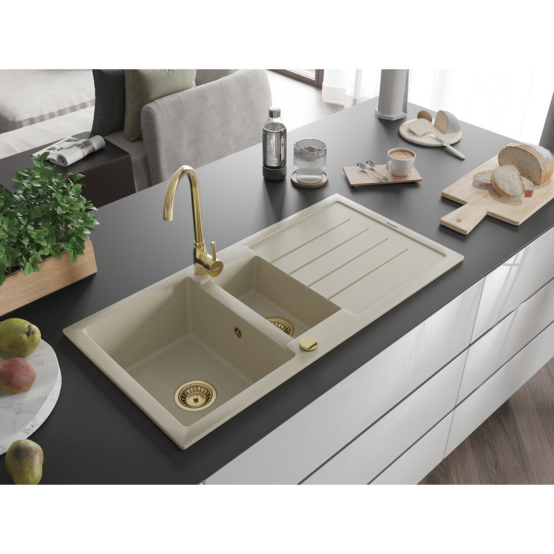 Mexen Andres granieten spoelbak 1,5-kompartiment met afdruiprek 1000 x 500 mm, beige, gouden sifon - 6515101510-69-G