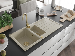 Mexen Andres Granitspüle 1,5-beckig mit Abtropffläche 1000 x 500 mm, beige, goldener Syphon - 6515101510-69-G
