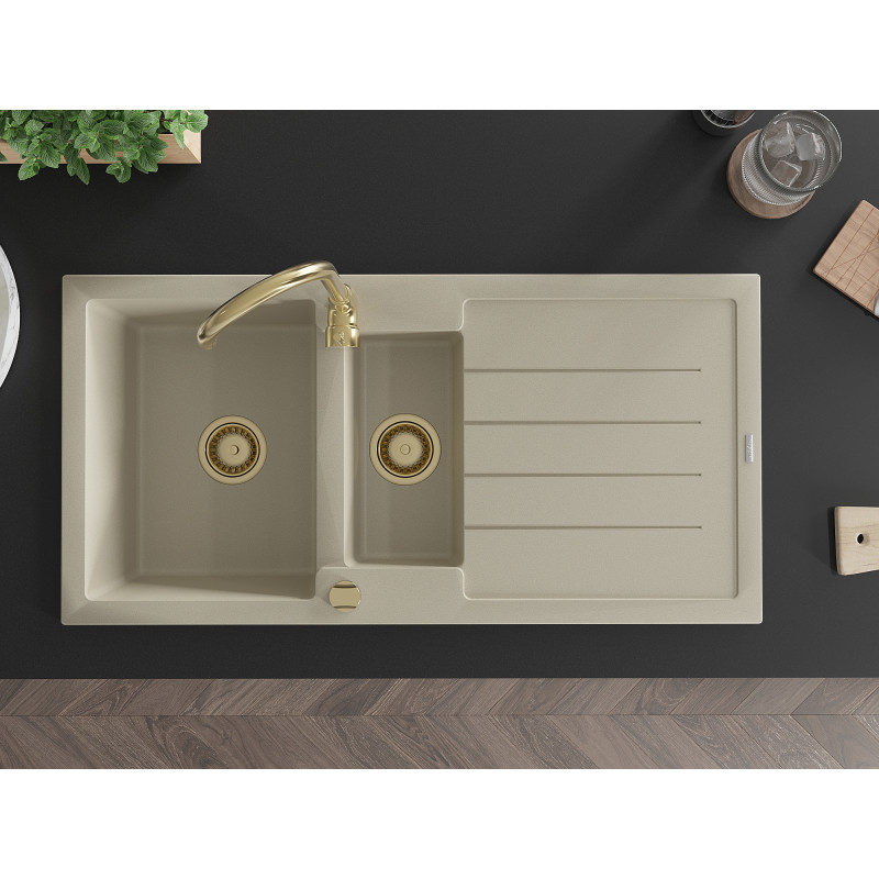 Mexen Andres granieten spoelbak 1,5-kompartiment met afdruiprek 1000 x 500 mm, beige, gouden sifon - 6515101510-69-G