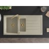 Mexen Andres Granitspüle 1,5-beckig mit Abtropffläche 1000 x 500 mm, beige, goldener Syphon - 6515101510-69-G