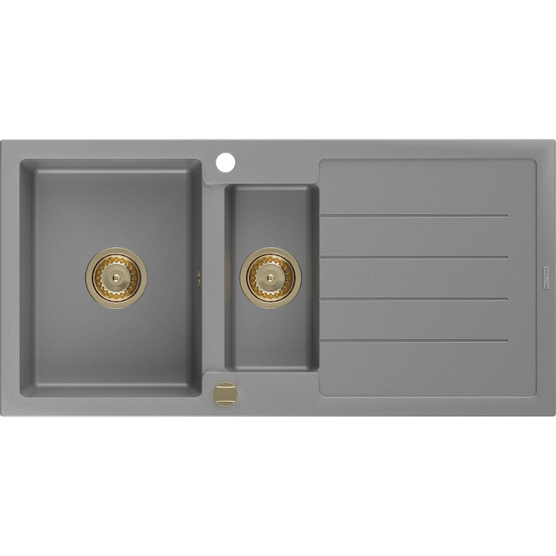 Mexen Andres lavello in granito a 1,5 vasche con sgocciolatoio 1000 x 500 mm, grigio, sifone dorato - 6515101510-71-G
