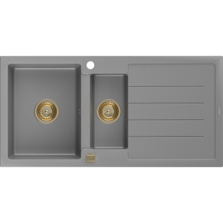 Mexen Andres granieten gootsteen 1,5-bak met afdruiprek 1000 x 500 mm, grijs, gouden sifon - 6515101510-71-G