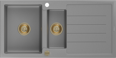 Mexen Andres granieten gootsteen 1,5-komers met afdruiprek 1000 x 500 mm, grijs, gouden sifon - 6515101510-71-G