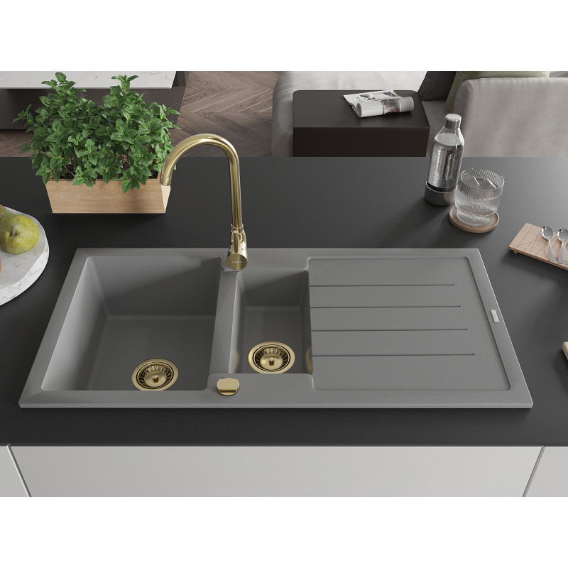Mexen Andres fregadero de granito de 1,5 senos con escurridor 1000 x 500 mm, gris, sifón dorado - 6515101510-71-G