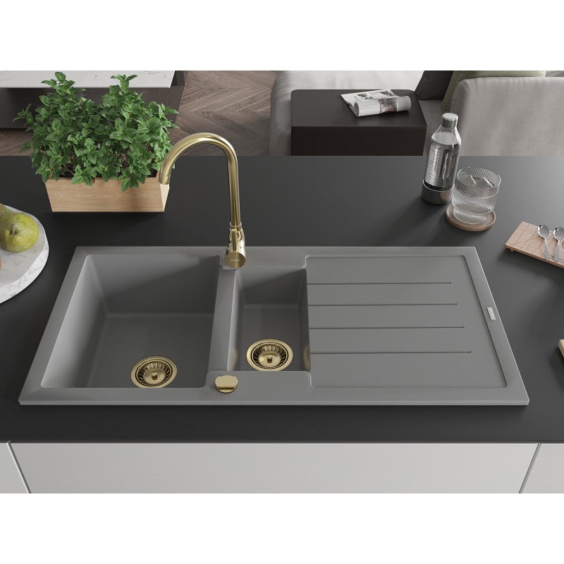Mexen Andres granite sink 1.5-bowl with drainer 1000 x 500 mm, grey, gold siphon - 6515101510-71-G