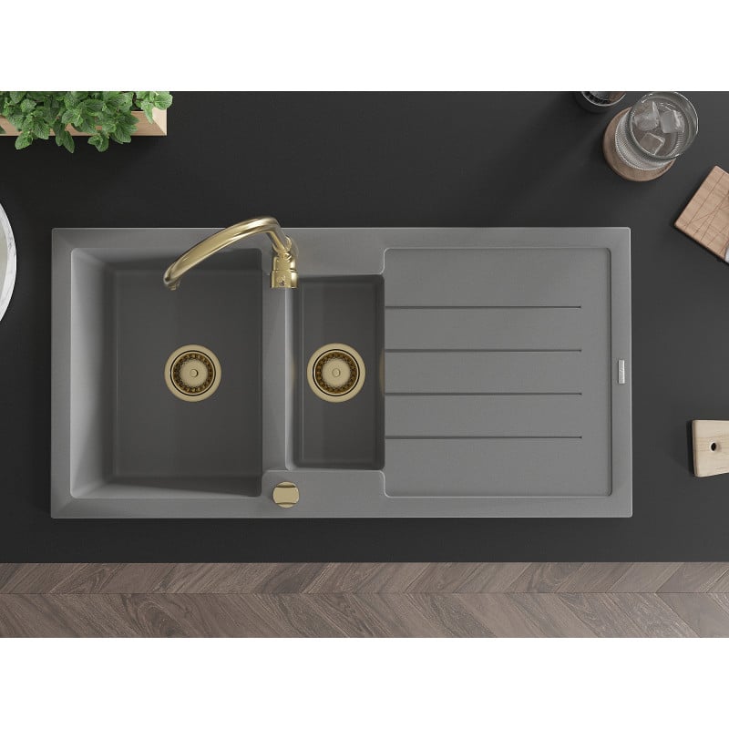 Mexen Andres granite sink 1.5-bowl with drainer 1000 x 500 mm, grey, gold siphon - 6515101510-71-G