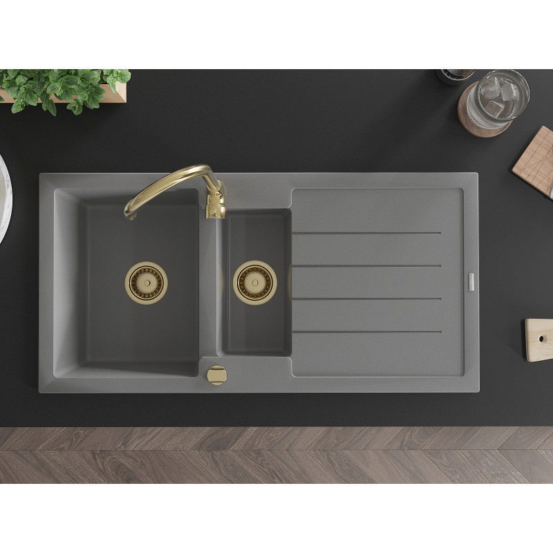 Mexen Andres lavello in granito a 1,5 vasche con sgocciolatoio 1000 x 500 mm, grigio, sifone dorato - 6515101510-71-G