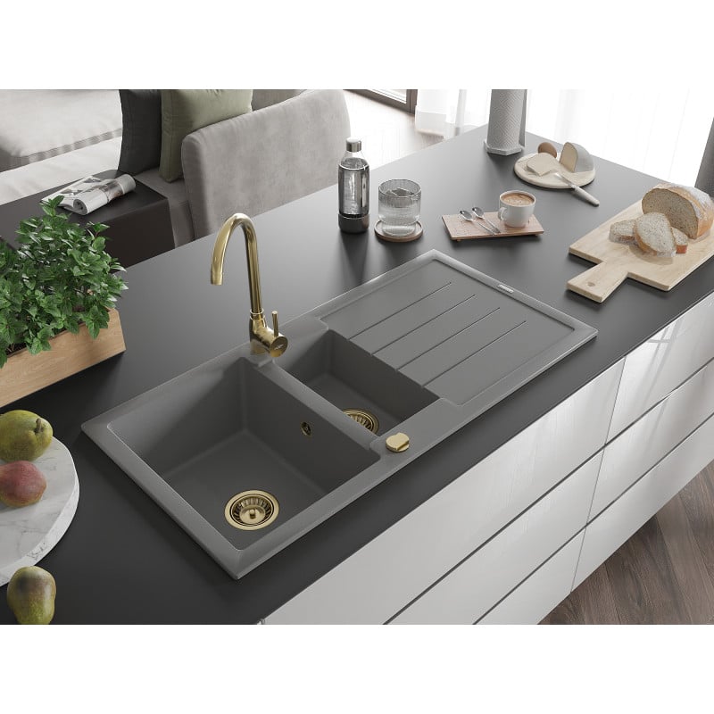 Mexen Andres lavello in granito a 1,5 vasche con sgocciolatoio 1000 x 500 mm, grigio, sifone dorato - 6515101510-71-G