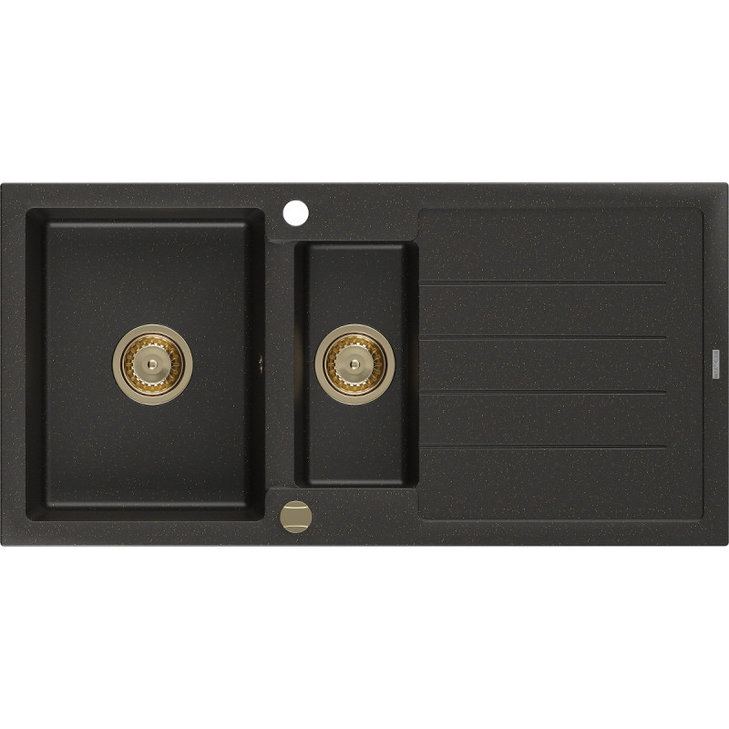 Mexen Andres granit gootsteen 1,5-kamer met afdruiprek 1000 x 500 mm zwart/goud metallic, gouden sifon - 6515101510-75-G