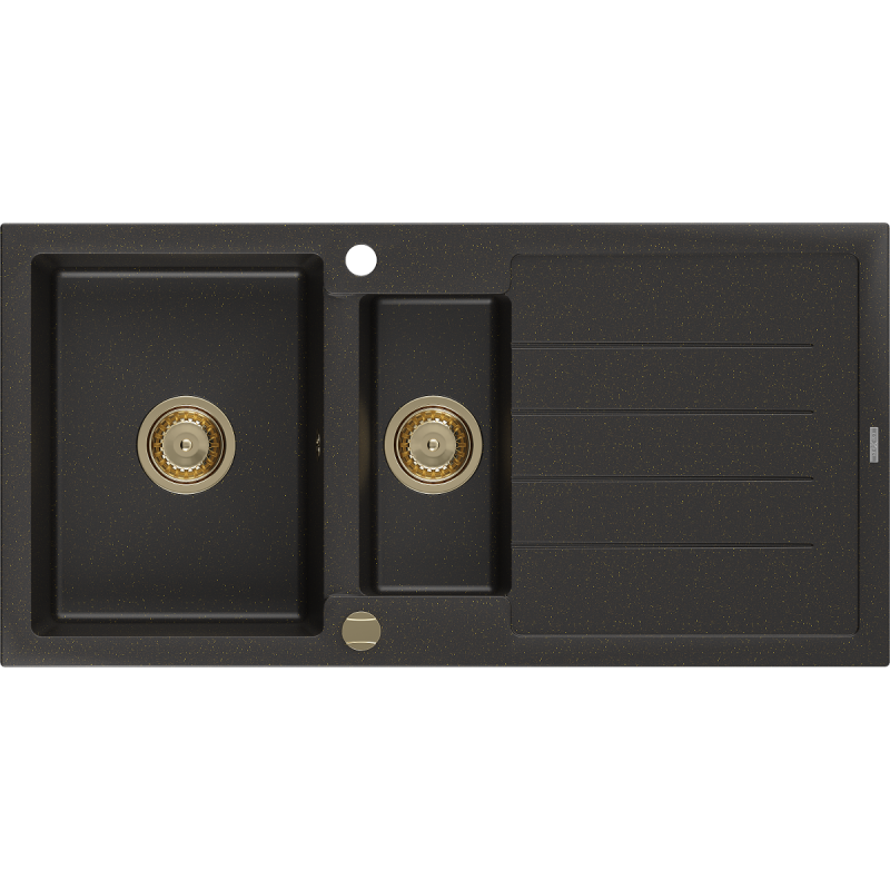 Mexen Andres Granitspüle 1,5-beckig mit Abtropffläche 1000 x 500 mm schwarz/gold metallic, goldener Siphon - 6515101510-75-G