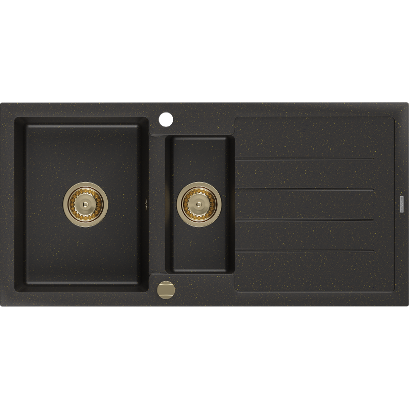 Mexen Andres lavello in granito a 1,5 vasche con sgocciolatoio 1000 x 500 mm nero/oro metallizzato, sifone oro - 6515101510-75-G