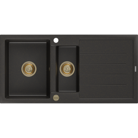 Mexen Andres Granitspüle 1,5-beckig mit Abtropffläche 1000 x 500 mm schwarz/gold metallic, goldener Siphon - 6515101510-75-G