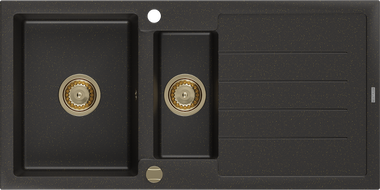 Mexen Andres lavello in granito a 1,5 vasche con sgocciolatoio 1000 x 500 mm nero/oro metallizzato, sifone oro - 6515101510-75-G