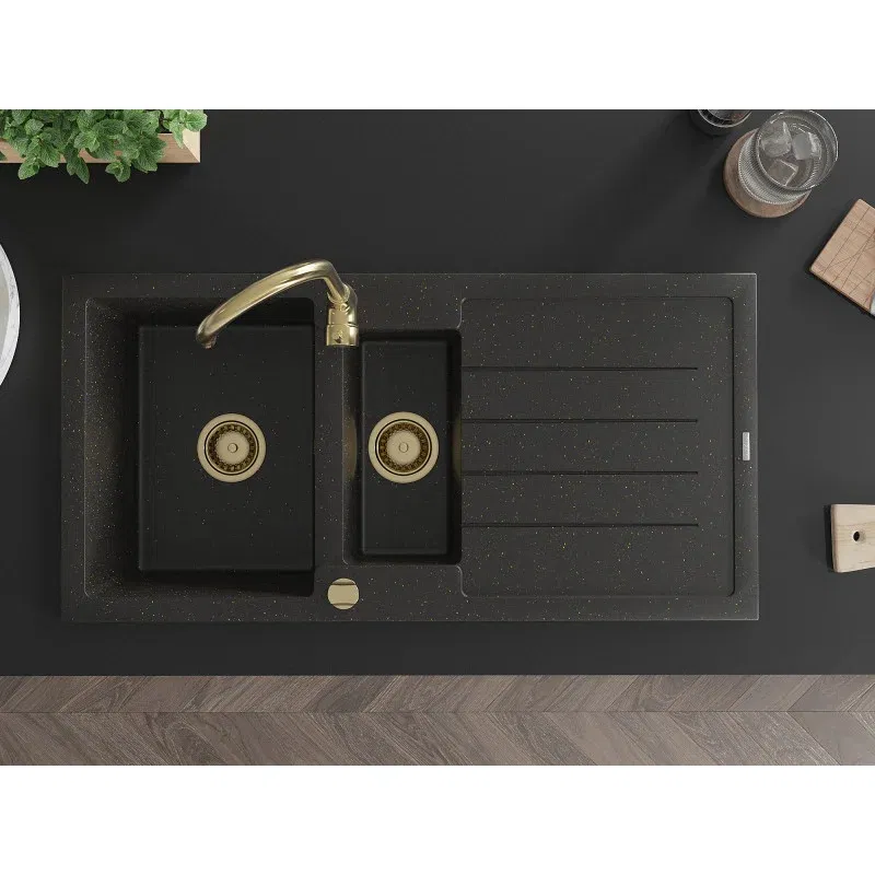 Mexen Andres Granitspüle 1,5-beckig mit Abtropffläche 1000 x 500 mm schwarz/gold metallic, goldener Siphon - 6515101510-75-G