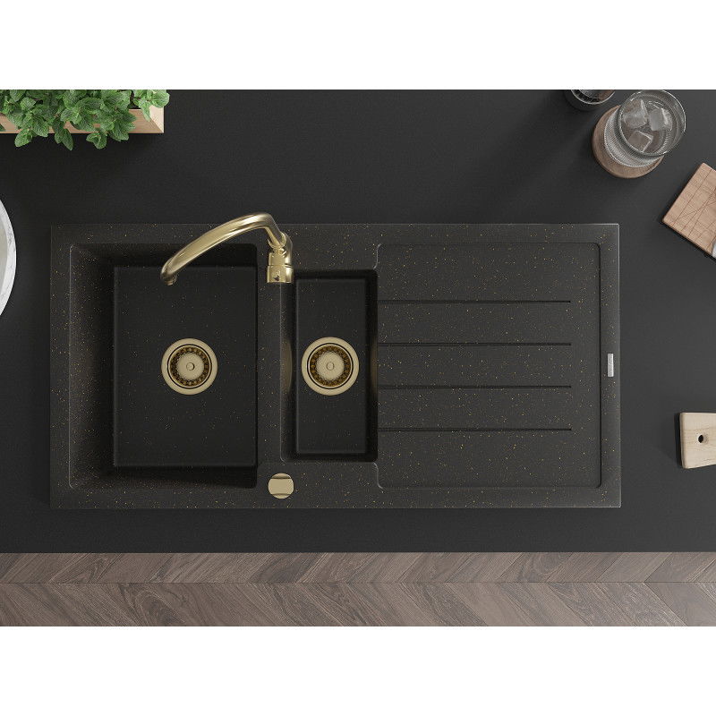 Mexen Andres lavello in granito a 1,5 vasche con sgocciolatoio 1000 x 500 mm nero/oro metallizzato, sifone oro - 6515101510-75-G