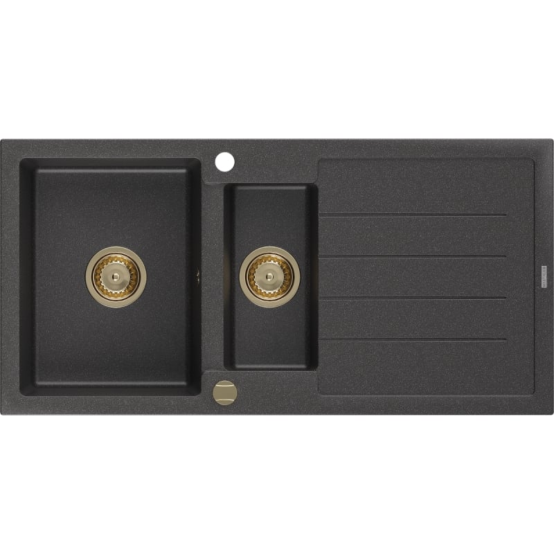 Mexen Andres granite sink 1.5-bowl with drainer 1000 x 500 mm black speckled, gold siphon - 6515101510-76-G