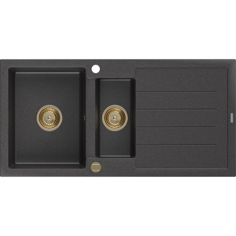 Mexen Andres granitische spoelbak 1,5-kommer met druiprek 1000 x 500 mm zwart gespikkeld, gouden sifon - 6515101510-76-G