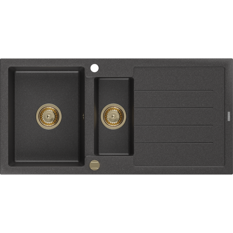 Mexen Andres Granitspüle 1,5-becken mit Abtropffläche 1000 x 500 mm schwarz gesprenkelt, goldener Siphon - 6515101510-76-G