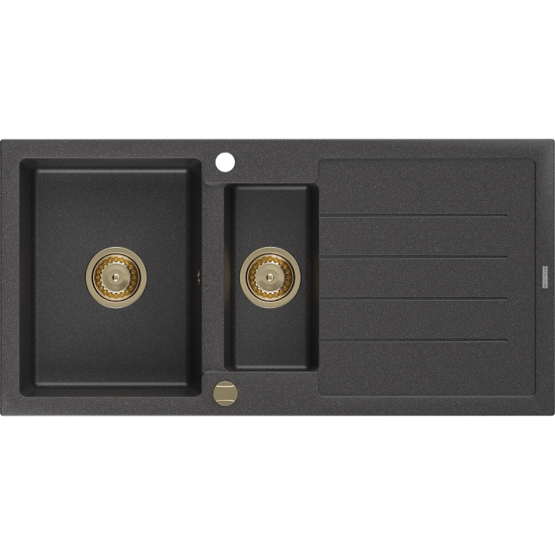 Mexen Andres lavello in granito 1,5 vasca con scolapiatti 1000 x 500 mm nero maculato, sifone dorato - 6515101510-76-G