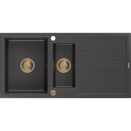 Mexen Andres fregadero de granito de 1,5 cubetas con escurridor 1000 x 500 mm negro moteado, sifón dorado - 6515101510-76-G